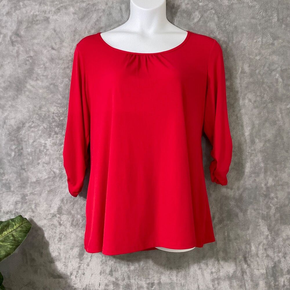 Susan Graver stretchy Liquid Knit Tunic Size Large Orange/Red rushed sleeve neck
